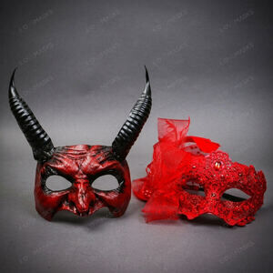 Red Devil Horn Demon Mask & Feather Lace Masquerade Couple Mask Set